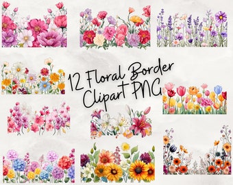 12 Floral Border png, Floral clipart, watercolor flower border, wildflower clip art, wildflower frame, sublimation, png, sublimation png