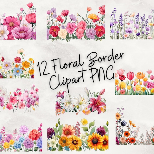 12 Floral Border png, Floral clipart, watercolor flower border, wildflower clip art, wildflower frame, sublimation, png, sublimation png