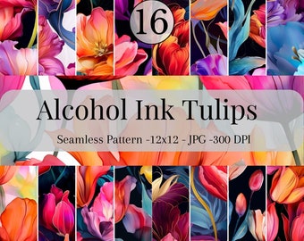 Tulips Alcohol Ink Flowers Seamless Patterns - Floral Ink Digital Paper-16 Designs - 12x12in-Commercial Use-Alcohol Ink Flowers Patterns