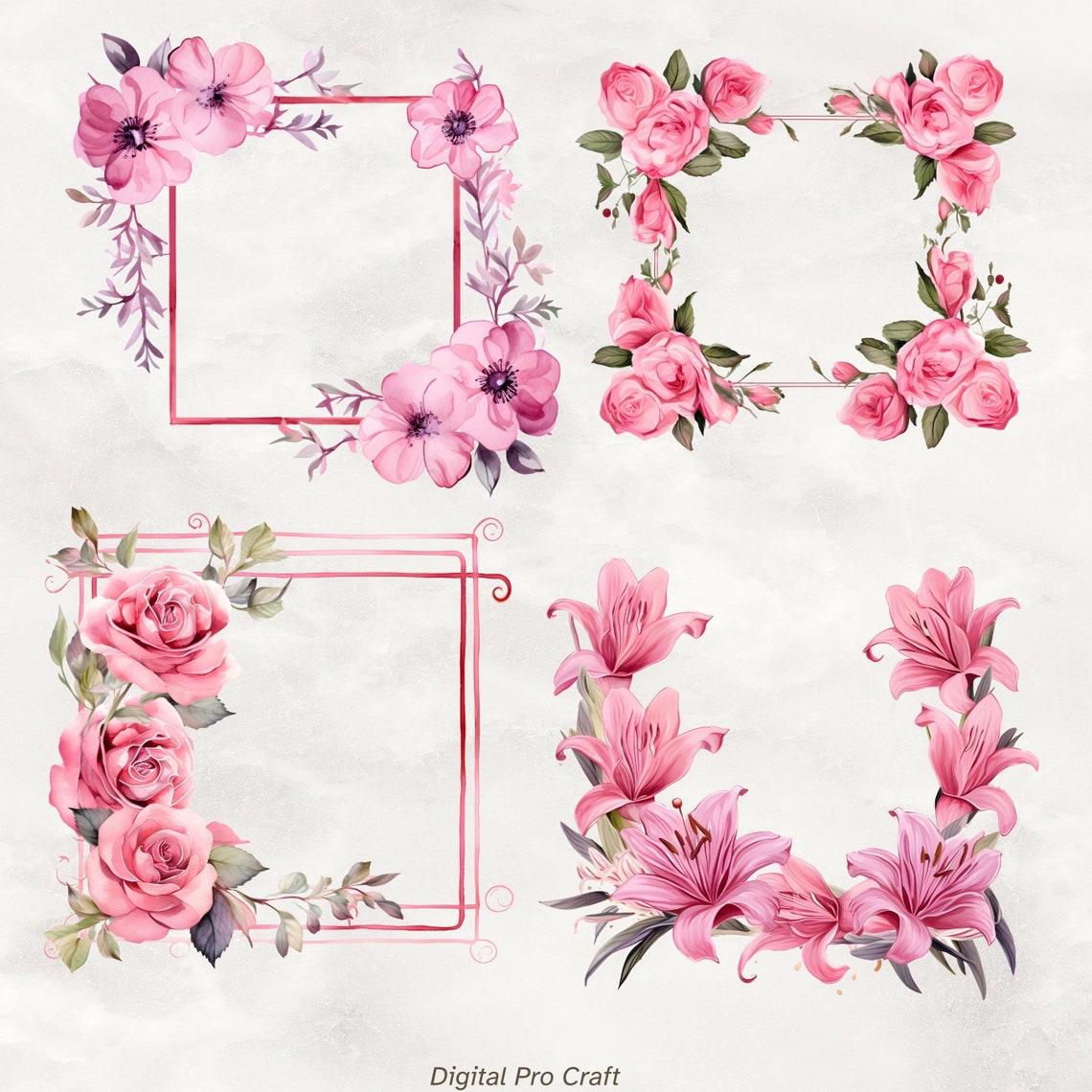 Set of 16, Watercolor Floral Pink Rectangular Frames, Floral Clipart ...