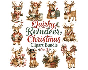 Quirky Reindeer Christmas Clipart Bundle | Whimsical Holiday PNG | Funny Reindeer Graphics for Sublimation, Cards, & DIY Crafts | Vol 3
