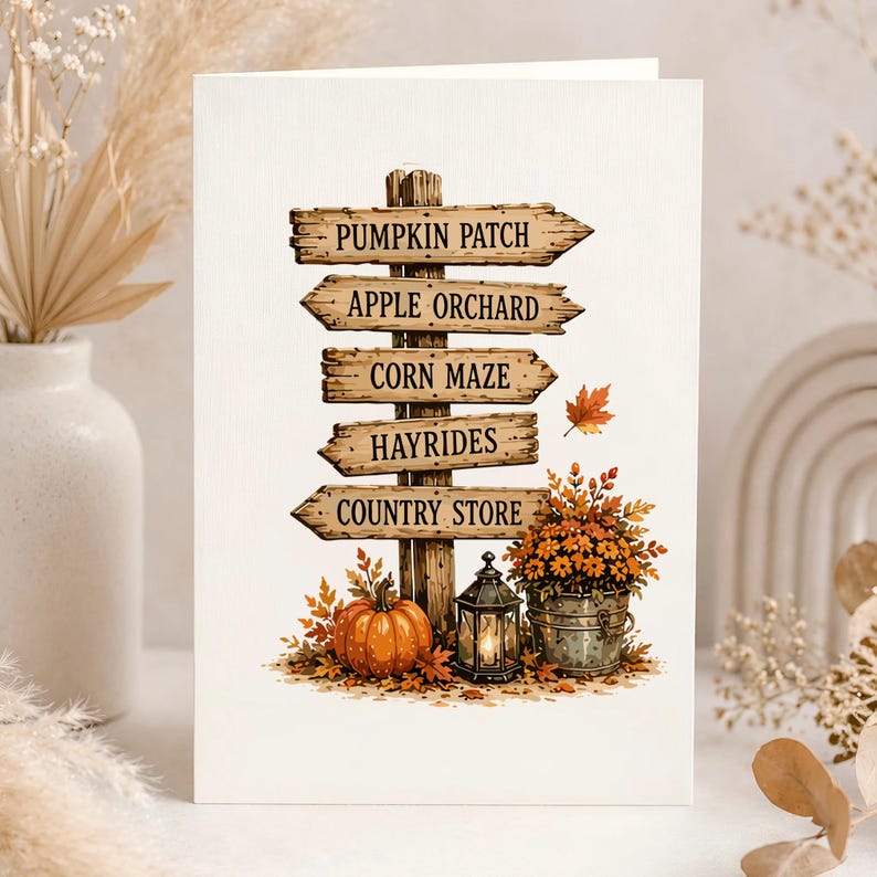 Puede incluir: Una tarjeta de felicitaci&oacute;n con un poste de madera y cinco flechas direccionales que dicen PUMPKIN PATCH, APPLE ORCHARD, CORN MAZE, HAYRIDES y COUNTRY STORE. Debajo hay una calabaza naranja, un farol negro y un cubo con flores naranjas.