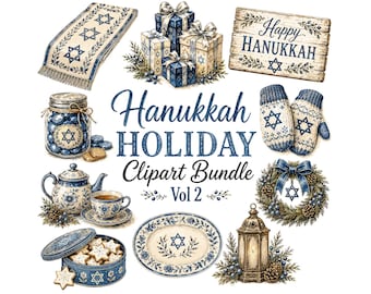 Hanukkah Holiday Clipart Bundle | Vintage Chanukah PNG Graphics | Star of David,Festive Tea Set, Rustic Holiday Art | Digital Download Vol.2