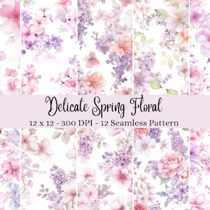 Delicate lente bloemen digitaal papierpakket, pastelkleurige bloemen naadloze patronen, scrapbooking achtergronden, knutselspullen, plannerstickers
