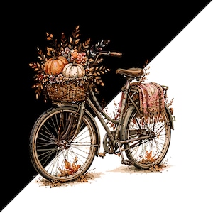 May include: A bicycle with a wicker basket filled with orange and white pumpkins and autumn foliage. A patterned blanket with fringe hangs over the rear rack. The bicycle frame is dark, and scattered fallen leaves are visible near the wheels.