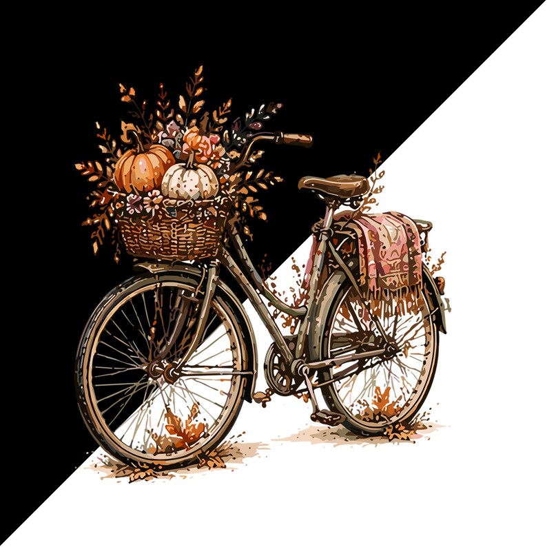 May include: A bicycle with a wicker basket filled with orange and white pumpkins and autumn foliage. A patterned blanket with fringe hangs over the rear rack. The bicycle frame is dark, and scattered fallen leaves are visible near the wheels.