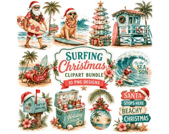 Surfing Christmas Clipart Bundle, 10 PNG Beach Santa Designs, Tropical Holiday Clipart, Coastal Christmas PNG, Summer Santa Sublimation