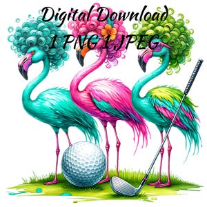 Flamenco de golf PNG, sublimación de flamenco lindo PNG, tres flamencos locos PNG, uso comercial de aves, descarga digital, polluelo de flamenco PNG