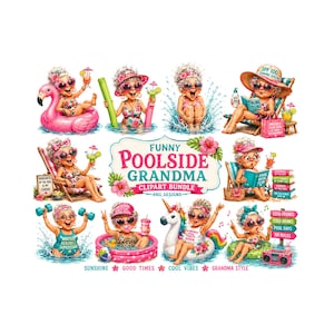 May include: A digital clipart collection titled Funny Poolside Grandma featuring illustrations of elderly women in swimsuits, sunglasses, and hats engaging in pool activities like lounging on floats, exercising, and reading with tropical accents.