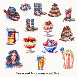 May include: A collection of watercolor illustrations featuring patriotic American themes. The illustrations include a cowboy hat, boots, a glass of beer, a cake, a dessert, macarons, popcorn, and a woman with long hair. The illustrations are all in red, white, and blue.