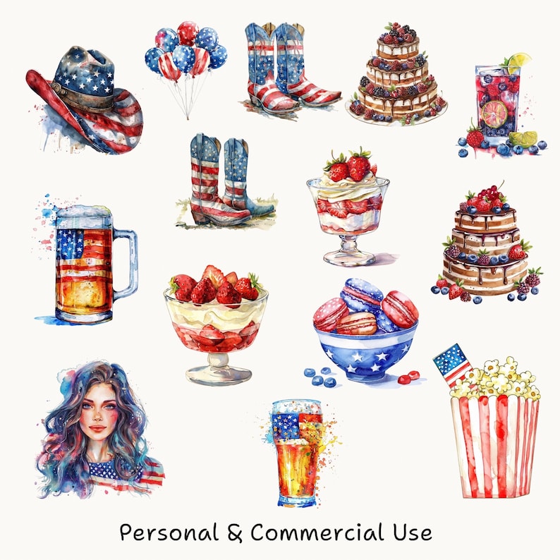 May include: A collection of watercolor illustrations featuring patriotic American themes. The illustrations include a cowboy hat, boots, a glass of beer, a cake, a dessert, macarons, popcorn, and a woman with long hair. The illustrations are all in red, white, and blue.