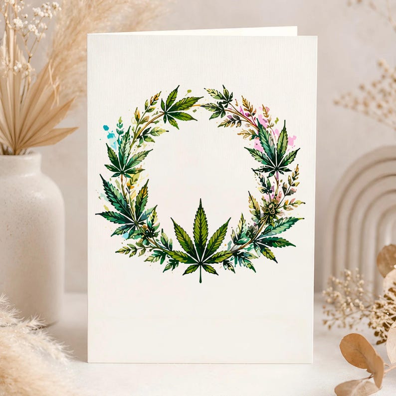 Peut inclure: Une carte de v&oelig;ux rectangulaire pr&eacute;sentant une illustration de couronne circulaire compos&eacute;e de feuilles de cannabis vertes. L'&oelig;uvre utilise des touches de style aquarelle bleu et rose sur un fond blanc cass&eacute; uni.