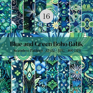 Puede incluir: Un paquete de papel digital con 12 patrones sin costuras que presentan diseños de batik boho azul y verde. Los patrones son perfectos para crear proyectos digitales o impresos.