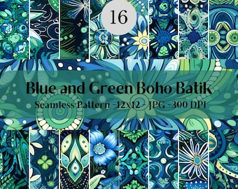 Blue and Green Boho Batik SEAMLESS Patterns - Watercolor Boho Batik Digital Paper - 16 Designs - 12x12in - Commercial Use