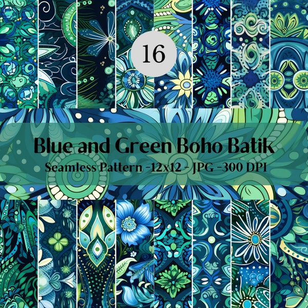 Blue and Green Boho Batik SEAMLESS Patterns - Watercolor Boho Batik Digital Paper - 16 Designs - 12x12in - Commercial Use