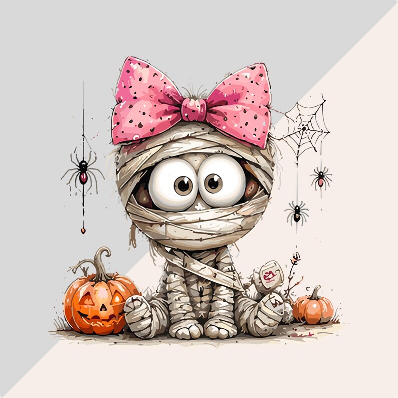 May include: A cartoon mummy character wrapped in beige bandages with large eyes and a bright pink polka-dot bow on its head. The character sits between two orange jack-o'-lantern pumpkins, surrounded by black spider illustrations and webs.