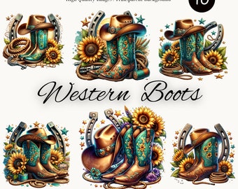 Western Cowboy Boot PNG – Horseshoe Sunflower Rope Clipart, Rustic Country Digital Download, Cowgirl Boot Art Illustration, Vintage Style