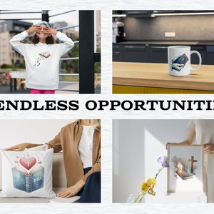 May include: A set of four different designs featuring a watercolor illustration of a Bible with a cross and heart. The designs are printed on a white mug, a white pillow, a white hoodie, and a framed print.
