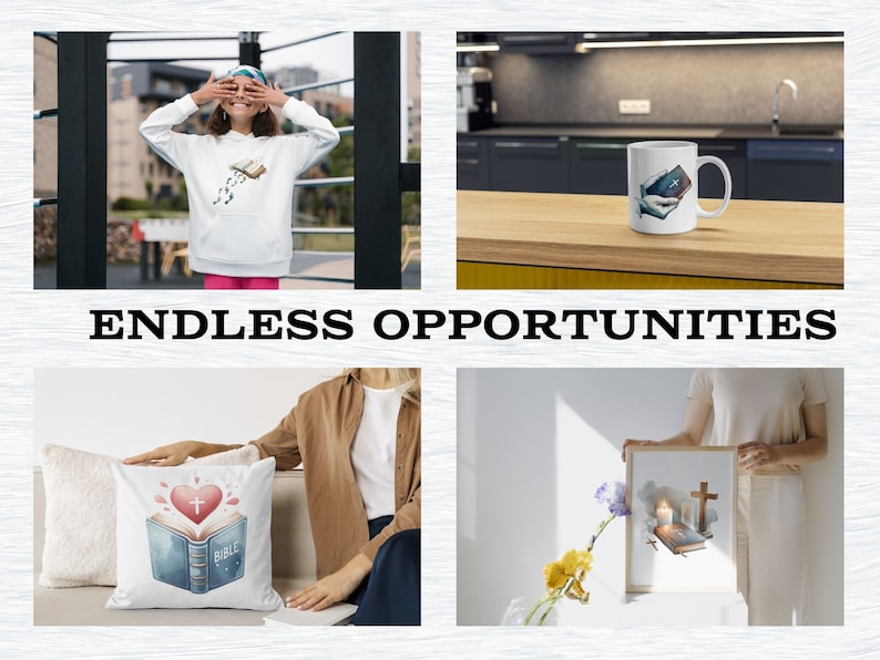May include: A set of four different designs featuring a watercolor illustration of a Bible with a cross and heart. The designs are printed on a white mug, a white pillow, a white hoodie, and a framed print.