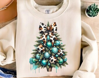 Whimsical Western Turquoise Christmas Tree PNG with Cow Print Bow Clipart - Vibrant Holiday Decor for T-Shirt Design and Scrapbooking