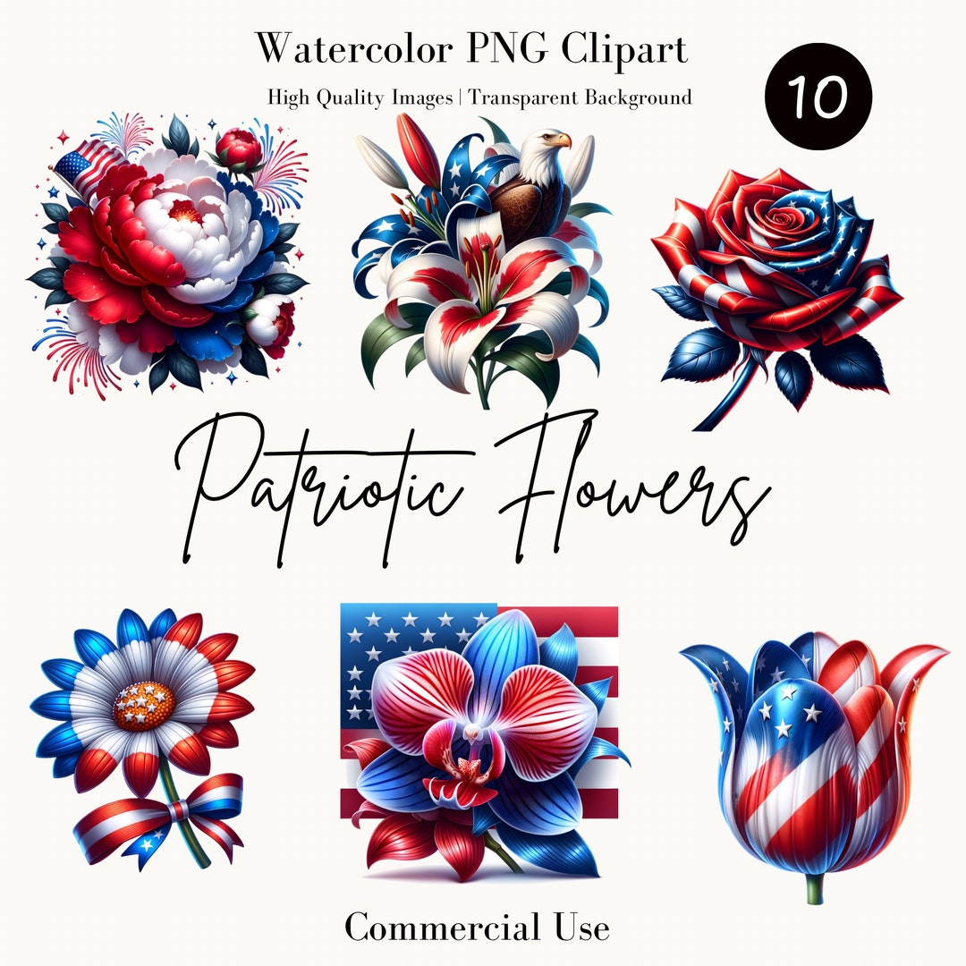 Patriotic Flowers Watercolor PNG Clipart – Independence Day Digital ...