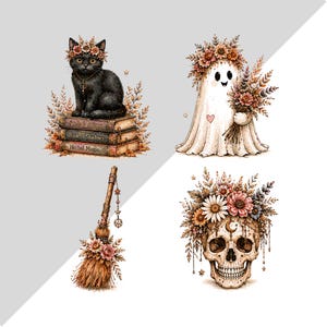 May include: A collection of four illustrations featuring a black cat sitting on books titled Spells & Potions, Book of Shadows, and Herbal Magic, a ghost holding a floral bouquet, a wooden broomstick with flowers, and a skull adorned with a floral crown.