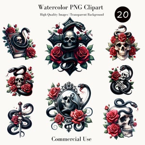 Clipart de caveira gótica e rosa – PNG estético escuro, arte digital de cobra e caveira, designs de estilo de tatuagem, uso comercial, clipart em aquarela