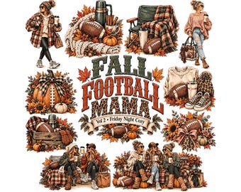 Imágenes prediseñadas de mamás aficionadas al fútbol en otoño / Paquete de imágenes PNG para el día del partido / Gráficos acogedores de mamás deportistas en otoño / Diseños de sublimación para camisetas y sudaderas con capucha