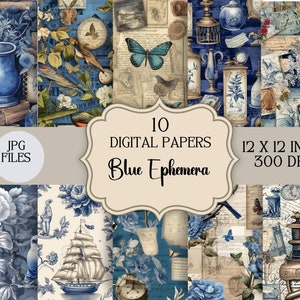 Set van 10 vintage blauwe ephemera digitaal papier pack-instant download plakboekpapier, oud papier texturen, decoupage afdrukbare achtergronden #1