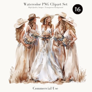 Cowgirl Hochzeit Clipart Set, Western Braut Brautjungfern, Boho Brautparty, rustikale Hochzeitsdeko, Aquarell Illustrationen, PNG Dateien