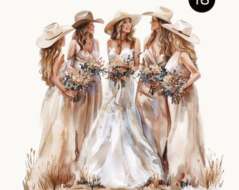Conjunto de imágenes prediseñadas de boda vaquera, novia y damas de honor del oeste, fiesta nupcial bohemia, decoración rústica para bodas, ilustraciones en acuarela, archivos PNG.