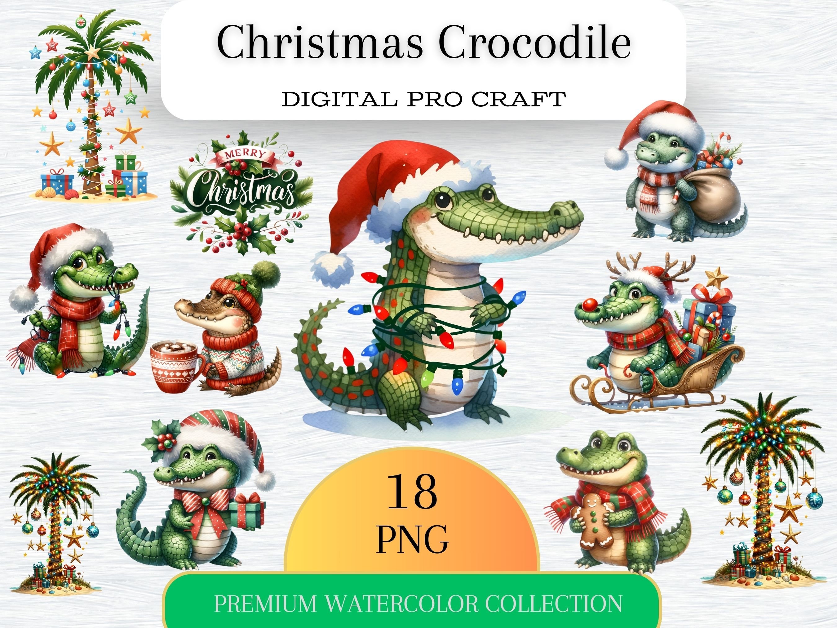Christmas Crocodile Clipart Bundle, High Quality PNG, Christmas Alligator Clipart, Nursery Wall Art, Cute Animals Clipart, Winter Baby Art