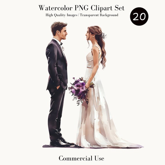 Watercolor Wedding Couple Clipart,Bridal PNG,Groom and Bride Illustration,Digital Download, Commercial Use,Wedding PNG and JPG,Bride Clipart