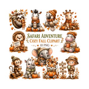Gemütliche Herbst Safari Clipart PNG | Herbst Tier Illustrationen | Niedlicher Löwe Elefant Tiger Dschungeltiere in Pullovern | Digitaler Download