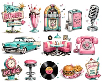 Retro 1950s Diner Clipart Bundle | Vintage Jukebox, Classic Car, Pink Milkshake, Neon Signs | 50s Rock & Roll Digital Graphics PNG