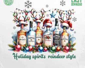 Holiday Spirits Clipart png, Reindeer, Whiskey, Vodka, Tequeler, Christmas Lights, Drinks, Festive, Commercial Use, Digital Download