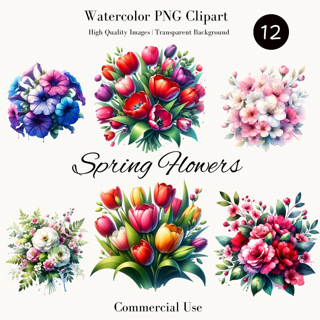 Watercolor Spring Flowers PNG Clipart Bundle, Digital Flower Bouquet ...