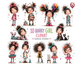 10 Quirky Girl Clipart | Whimsical Girl Digital Art, Cute Nerd Girl PNG, Junk Journal Ephemera, Messy Hair Character Graphics,Artist Clipart