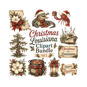 Può includere: Una collezione di clipart digitali intitolata Christmas Louisiana Clipart Bundle Vol 1, che presenta illustrazioni di un alligatore con cappello da Babbo Natale, un gambero con un regalo, un cipresso, una pentola di gumbo, una lanterna e una mappa.