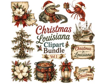 Louisiana Christmas Clipart Bundle | Cajun Bayou Holiday PNG | Alligator Crawfish Santa, Gumbo Pot, Vintage Southern Digital Graphics,Vol.1