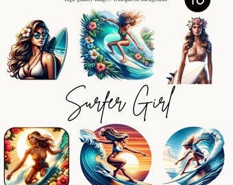 May include: Watercolor PNG clipart set featuring surfer girls. The images include illustrations of women surfing, surrounded by waves, flowers, and tropical foliage. The text includes "Watercolor PNG Clipart", "High Quality Images | Transparent Background", "Surfer Girl", and "Commercial Use".