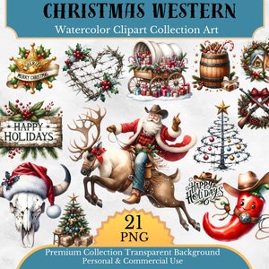 Wilder Western Cowboy Santa -Weihnachten Png Clipart, Inkl Cowboy, Cowgirl, Kuhschädel usw. - Aquarell PNG Weihnachtsbund