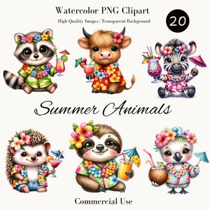 Süße Sommer Tiere PNG Clipart - Aquarell Tropische Tiere in Hawaiihemden, Digitaler Download, Kommerzielle Nutzung, Sommer Party Dekor