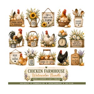 May include: Watercolor illustrations of a chicken farmhouse theme. The image includes chickens, eggs, flowers, and wooden signs with phrases like "Farm Fresh Eggs" and "Life is better on the Farm". The overall color palette is soft and rustic.
