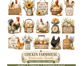 Farmhouse Chicken clipart Bundle | Rustic Watercolor Rooster PNG, Country Kitchen Illustrations, Fresh Eggs Clipart, Sunflowers & Daisies