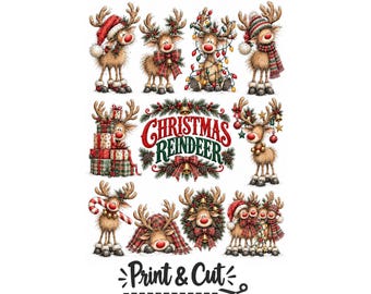 Christmas Reindeer Clipart Bundle, Cute Reindeer PDF , Whimsical Holiday Graphics for Stickers, Digital Download, Print & Cut