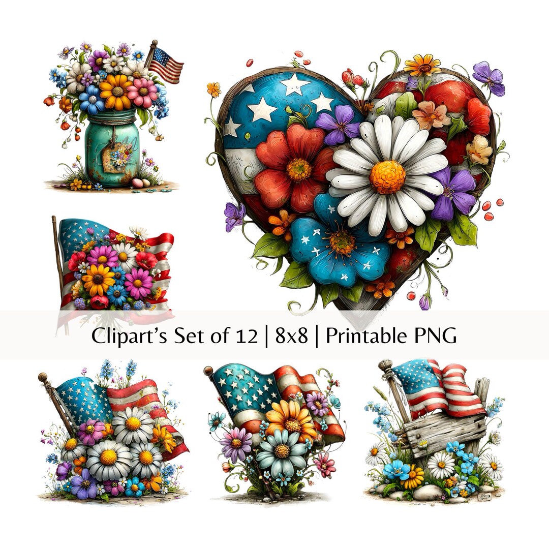 Patriotic Floral Clipart Bundle | 4th of July PNG | American Flag Mason ...