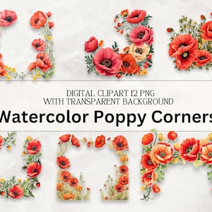 Poppy bloemen aquarel kaart hoeken en randen Clipartset: veelzijdige digitale afbeeldingen|Hoogwaardige PNG-bloemenontwerpen|Directe downloads