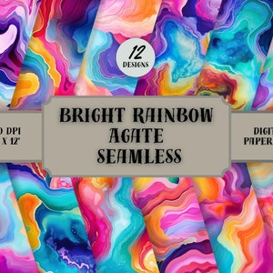 May include: A digital paper pack with 12 seamless patterns featuring bright rainbow agate designs. Each pattern is 12 inches by 12 inches and 300 DPI.