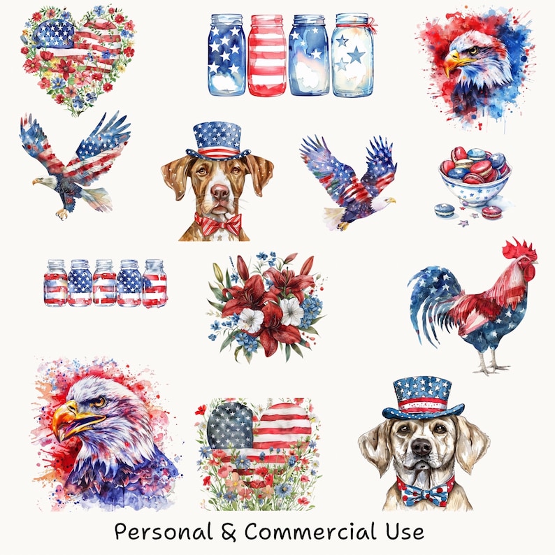 May include: A collection of digital clipart images featuring patriotic American themes. The images include an eagle, a rooster, a dog, a heart, mason jars, and flowers, all decorated with red, white, and blue colors and stars.